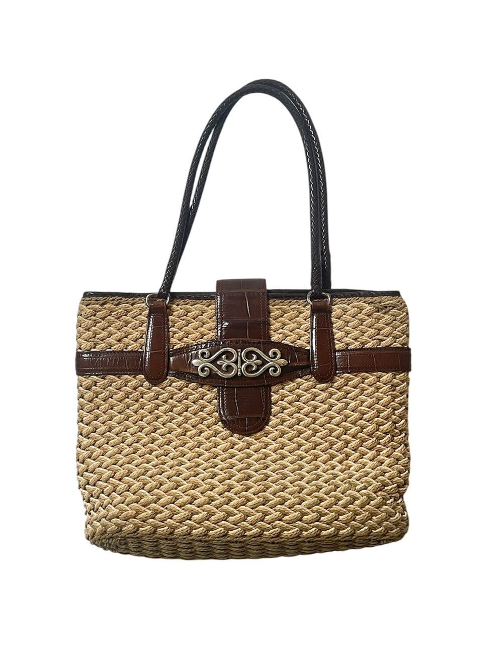 Brighton woven straw and leather trim shoulder purse